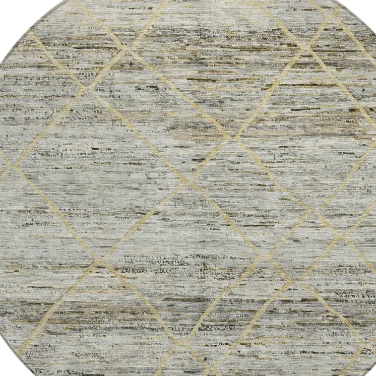 8' Pewter And Gold Round Trellis Washable Indoor Outdoor Area Rug