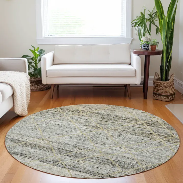 8' Pewter And Gold Round Trellis Washable Indoor Outdoor Area Rug