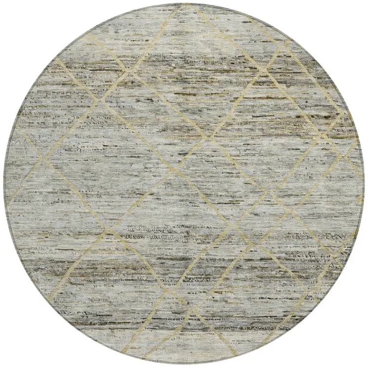 8' Pewter And Gold Round Trellis Washable Indoor Outdoor Area Rug