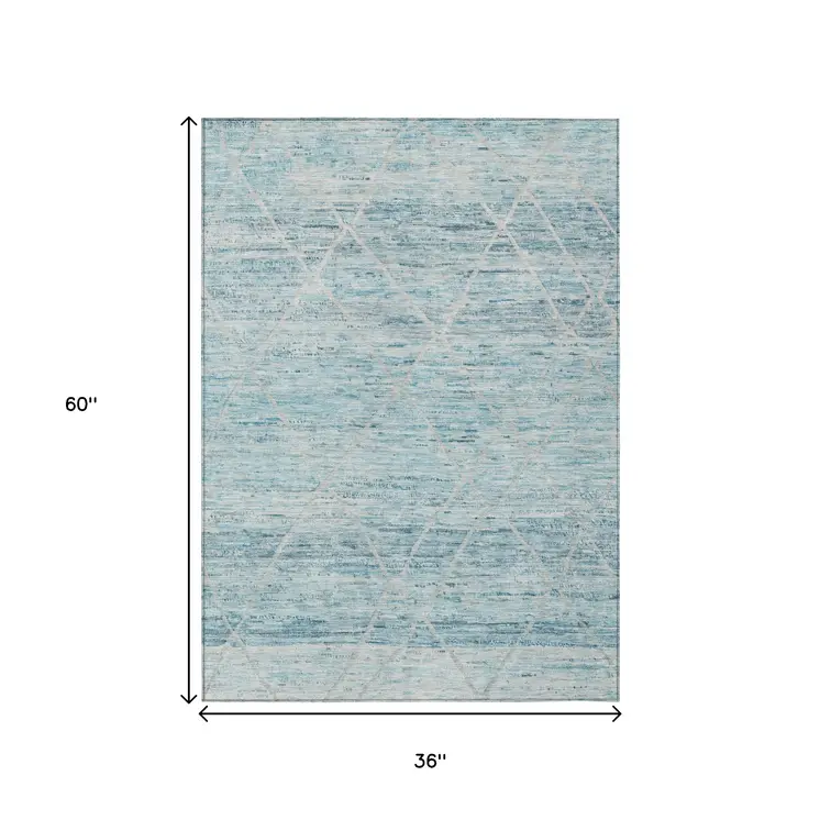 3' X 5' Teal Blue And Ivory Trellis Washable Indoor Outdoor Area Rug