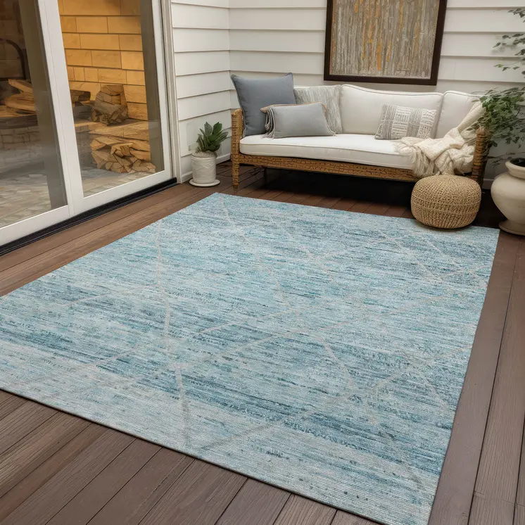 3' X 5' Teal Blue And Ivory Trellis Washable Indoor Outdoor Area Rug
