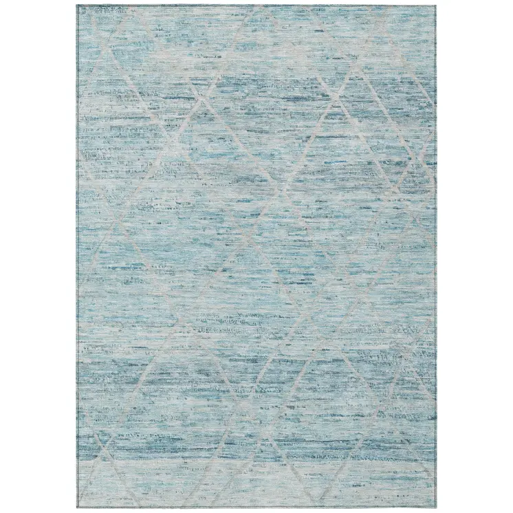 3' X 5' Teal Blue And Ivory Trellis Washable Indoor Outdoor Area Rug