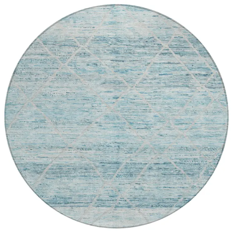 8' Teal Blue And Ivory Round Trellis Washable Indoor Outdoor Area Rug