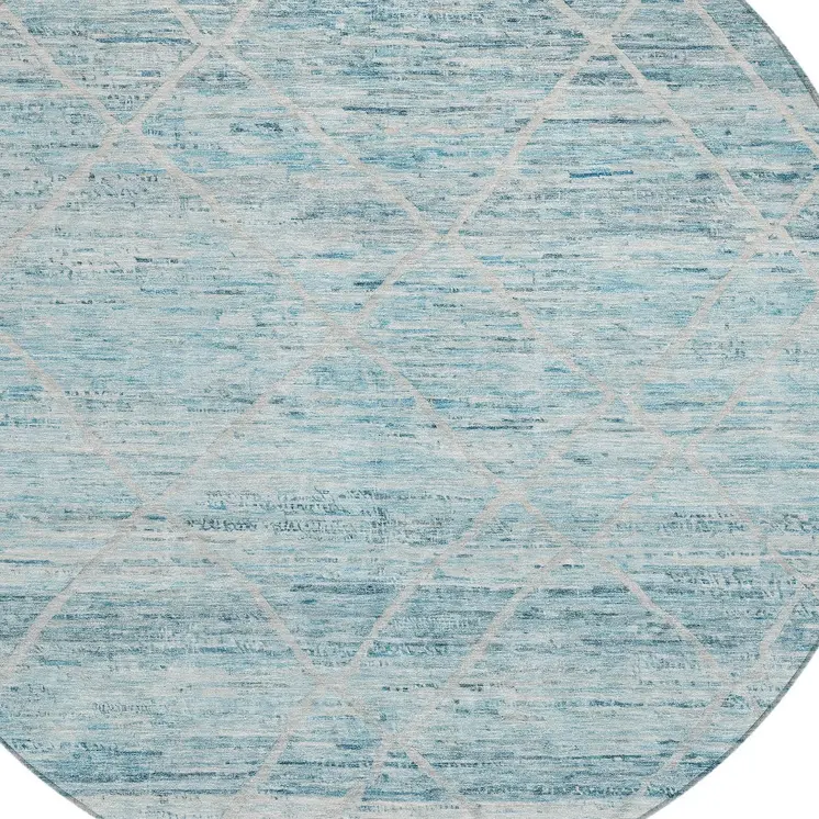 8' Teal Blue And Ivory Round Trellis Washable Indoor Outdoor Area Rug