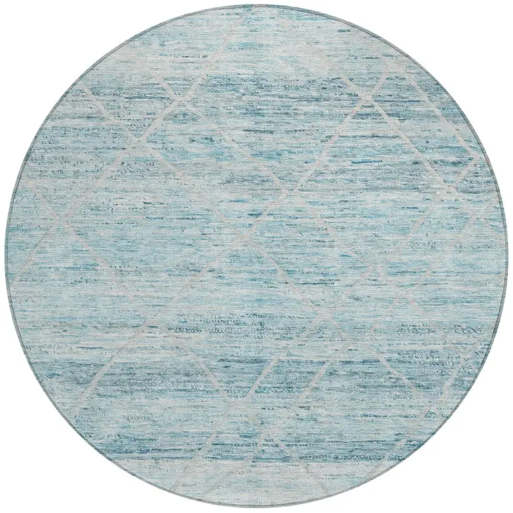 8' Teal Blue And Ivory Round Trellis Washable Indoor Outdoor Area Rug