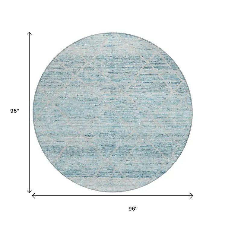 8' Teal Blue And Ivory Round Trellis Washable Indoor Outdoor Area Rug