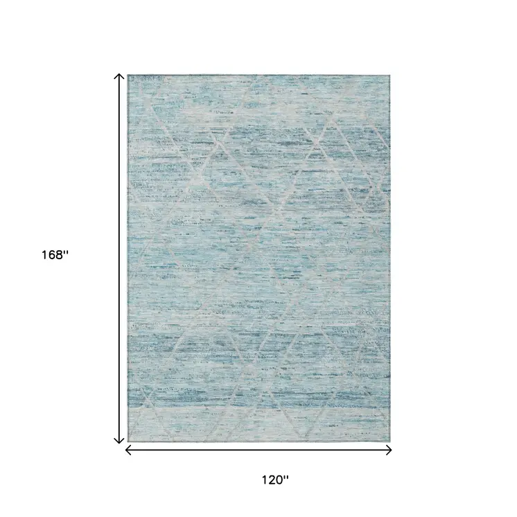 10' X 14' Teal Blue And Ivory Trellis Washable Indoor Outdoor Area Rug