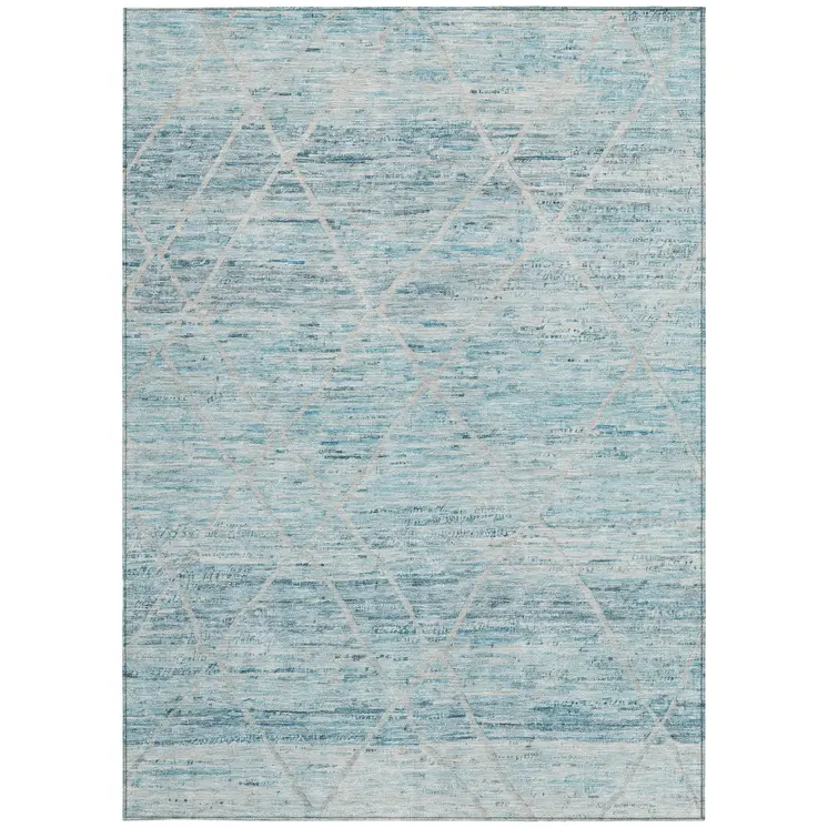 10' X 14' Teal Blue And Ivory Trellis Washable Indoor Outdoor Area Rug