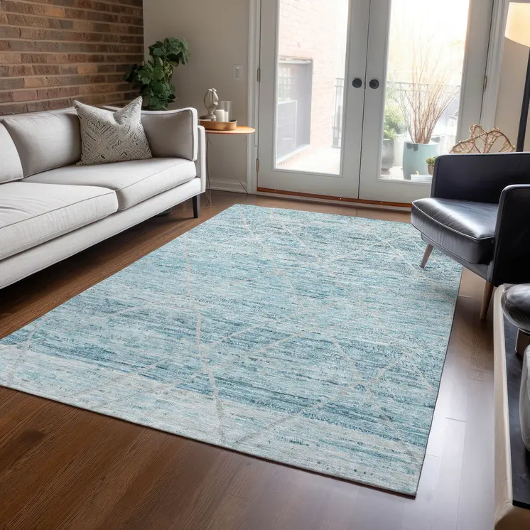 10' X 14' Teal Blue And Ivory Trellis Washable Indoor Outdoor Area Rug