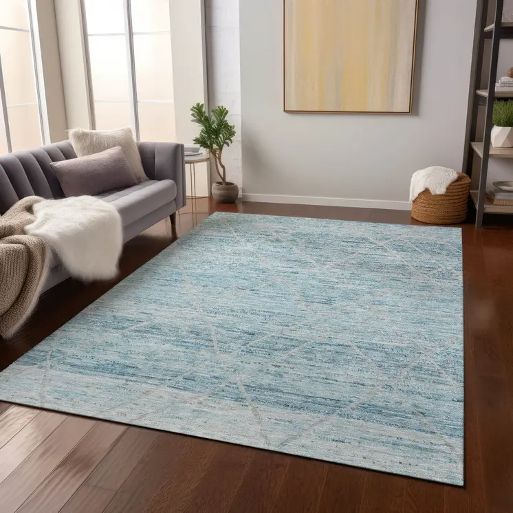 10' X 14' Teal Blue And Ivory Trellis Washable Indoor Outdoor Area Rug