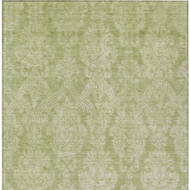 3' X 5' Artichoke Green And Beige Damask Washable Indoor Outdoor Area Rug