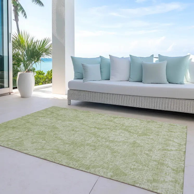3' X 5' Artichoke Green And Beige Damask Washable Indoor Outdoor Area Rug