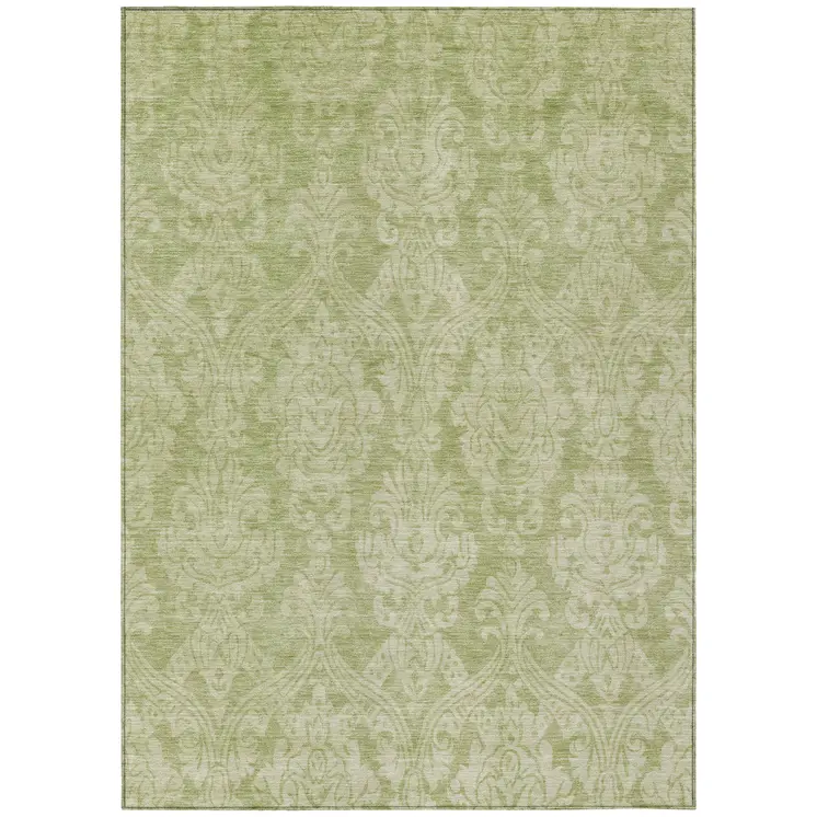 3' X 5' Artichoke Green And Beige Damask Washable Indoor Outdoor Area Rug