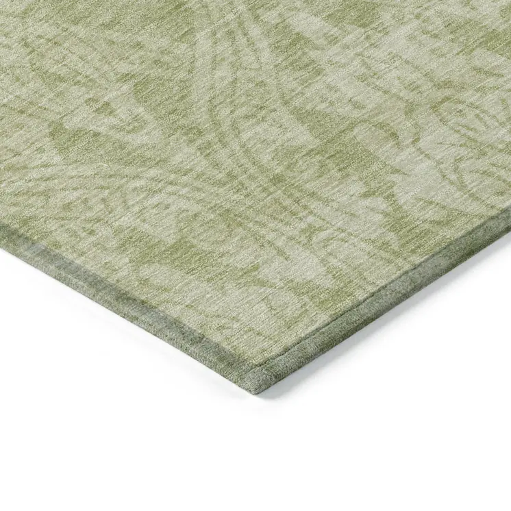 3' X 5' Artichoke Green And Beige Damask Washable Indoor Outdoor Area Rug