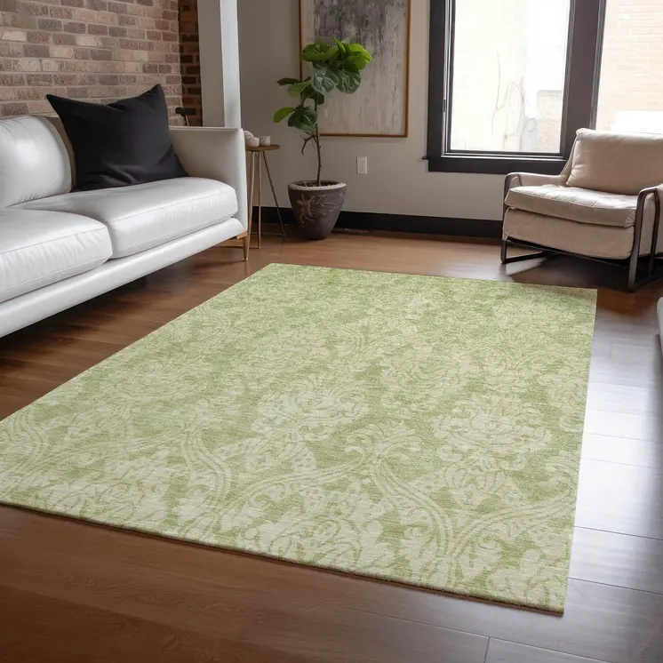 3' X 5' Artichoke Green And Beige Damask Washable Indoor Outdoor Area Rug