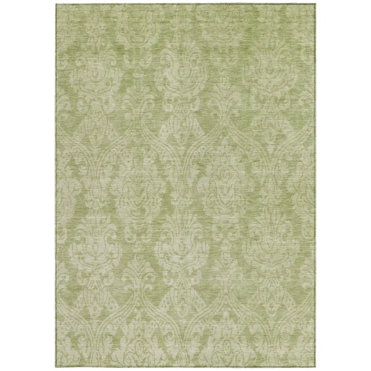 5' X 8' Artichoke Green And Beige Damask Washable Indoor Outdoor Area Rug