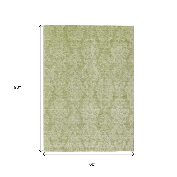 5' X 8' Artichoke Green And Beige Damask Washable Indoor Outdoor Area Rug