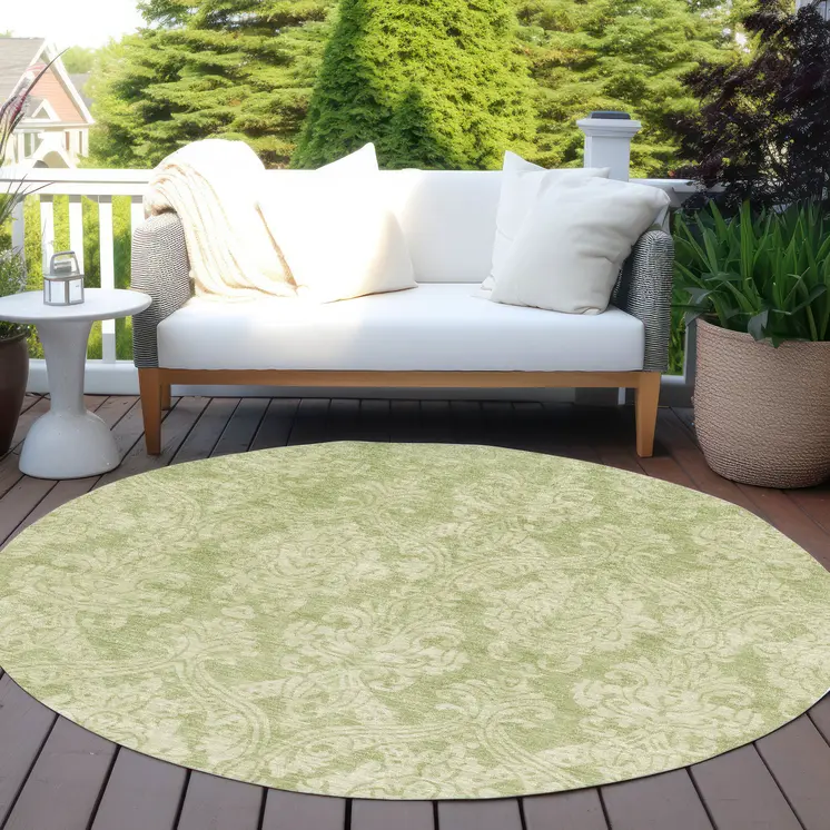 8' Artichoke Green And Beige Round Damask Washable Indoor Outdoor Area Rug