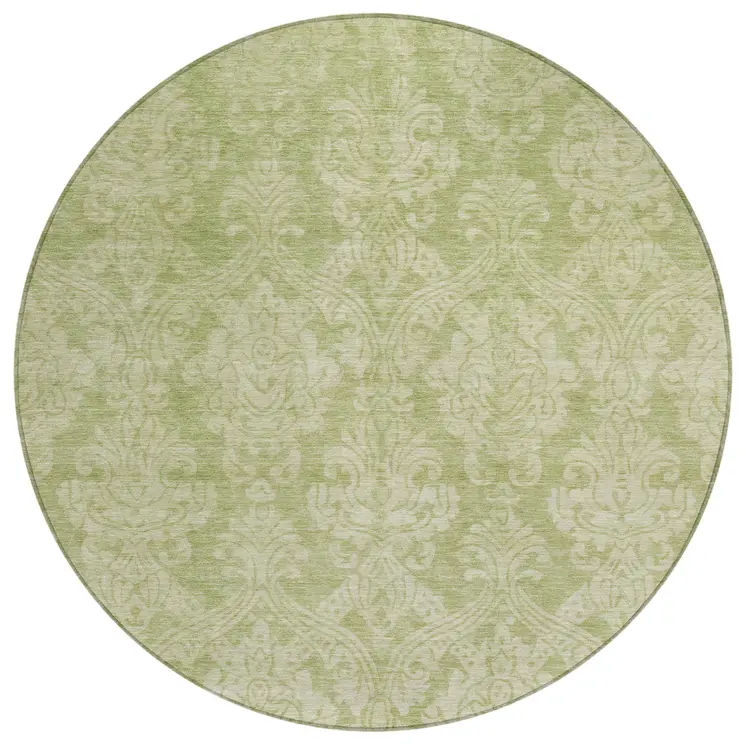 8' Artichoke Green And Beige Round Damask Washable Indoor Outdoor Area Rug
