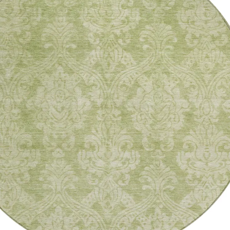 8' Artichoke Green And Beige Round Damask Washable Indoor Outdoor Area Rug