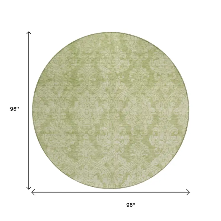 8' Artichoke Green And Beige Round Damask Washable Indoor Outdoor Area Rug