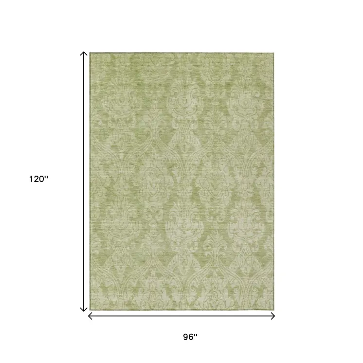 8' X 10' Artichoke Green And Beige Damask Washable Indoor Outdoor Area Rug