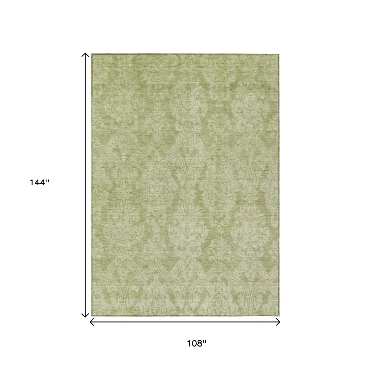 9' X 12' Artichoke Green And Beige Damask Washable Indoor Outdoor Area Rug
