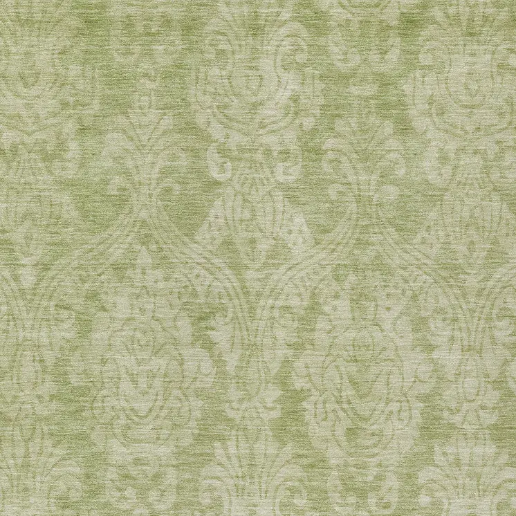 9' X 12' Artichoke Green And Beige Damask Washable Indoor Outdoor Area Rug