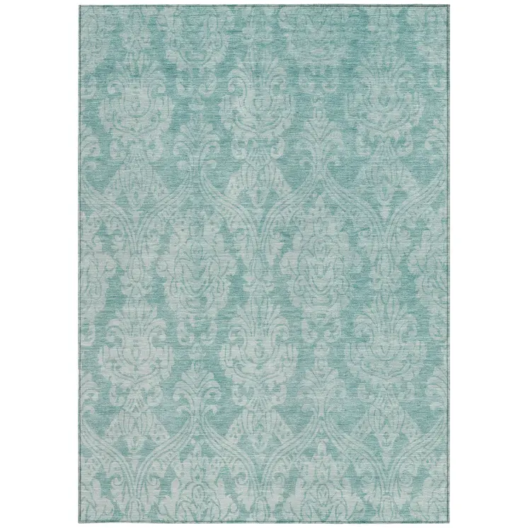 3' X 5' Aqua And Ivory Damask Washable Indoor Outdoor Area Rug