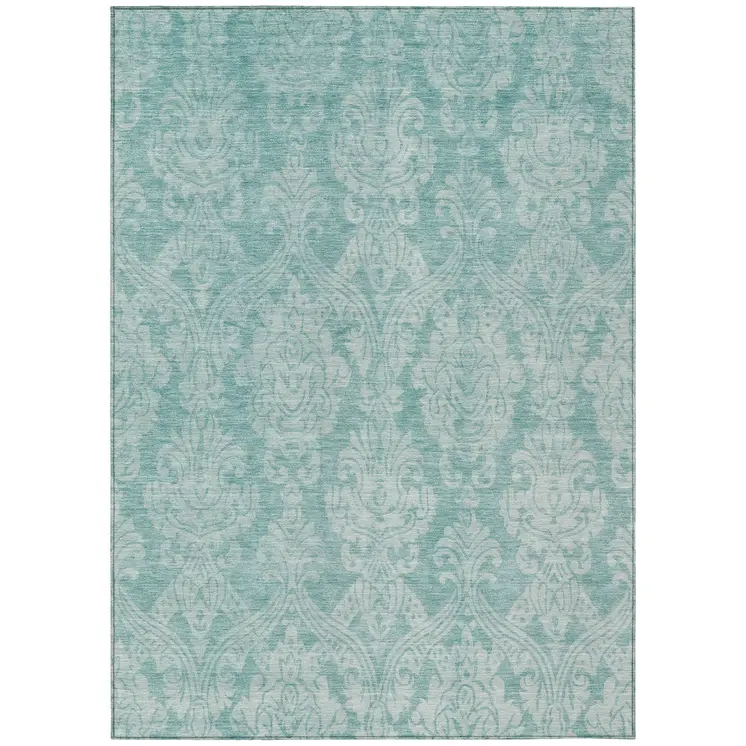 3' X 5' Aqua And Ivory Damask Washable Indoor Outdoor Area Rug