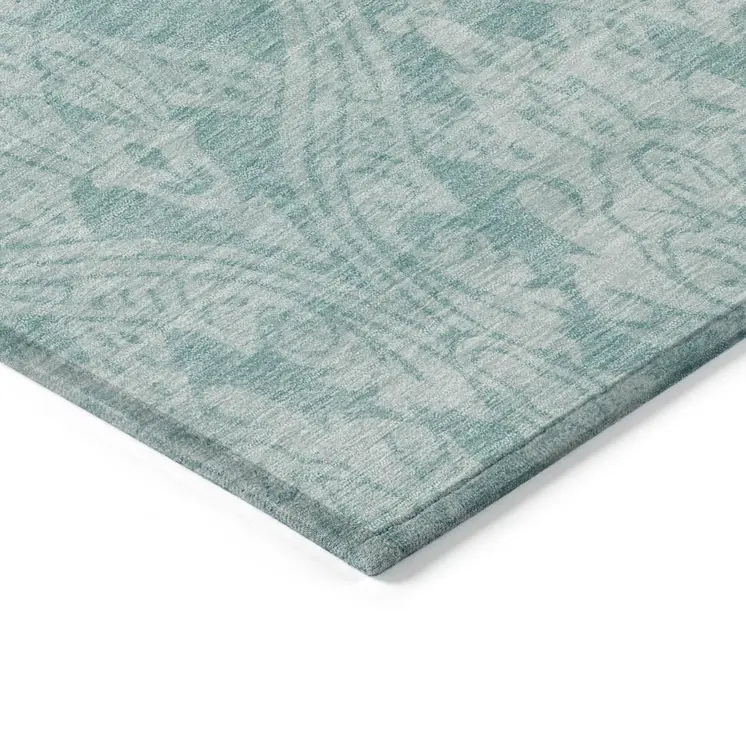 3' X 5' Aqua And Ivory Damask Washable Indoor Outdoor Area Rug