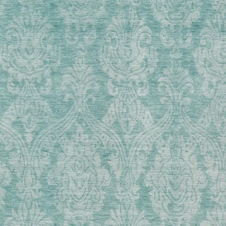 3' X 5' Aqua And Ivory Damask Washable Indoor Outdoor Area Rug