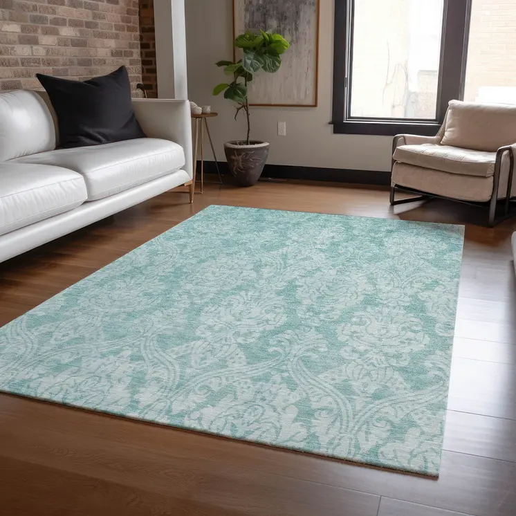 3' X 5' Aqua And Ivory Damask Washable Indoor Outdoor Area Rug