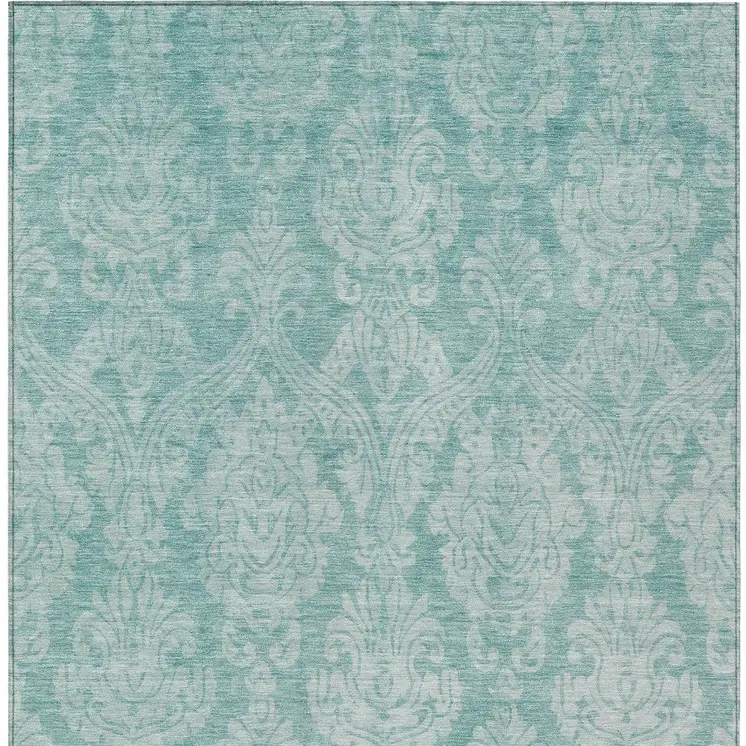 5' X 8' Aqua And Ivory Damask Washable Indoor Outdoor Area Rug
