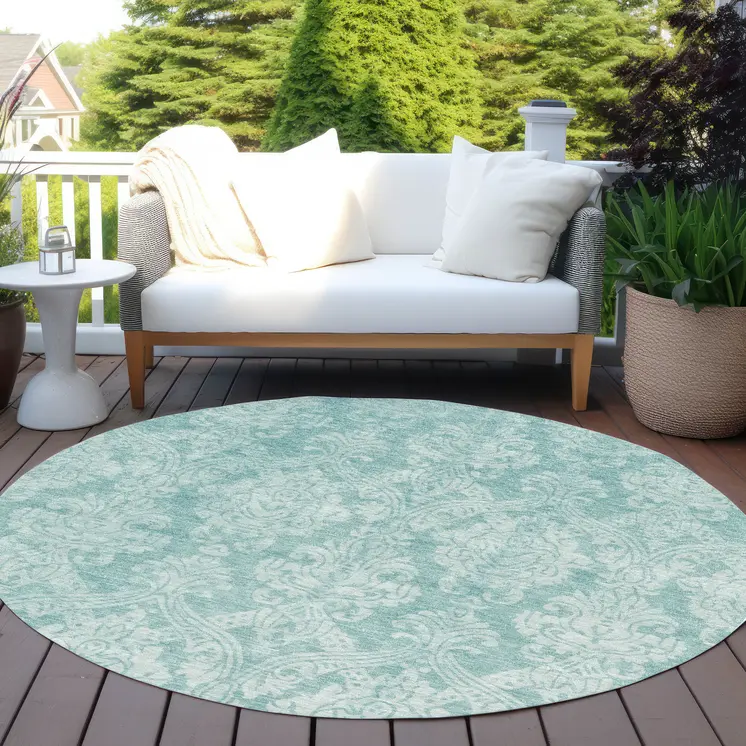 8' Aqua And Ivory Round Damask Washable Indoor Outdoor Area Rug