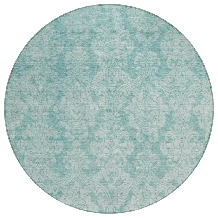 8' Aqua And Ivory Round Damask Washable Indoor Outdoor Area Rug