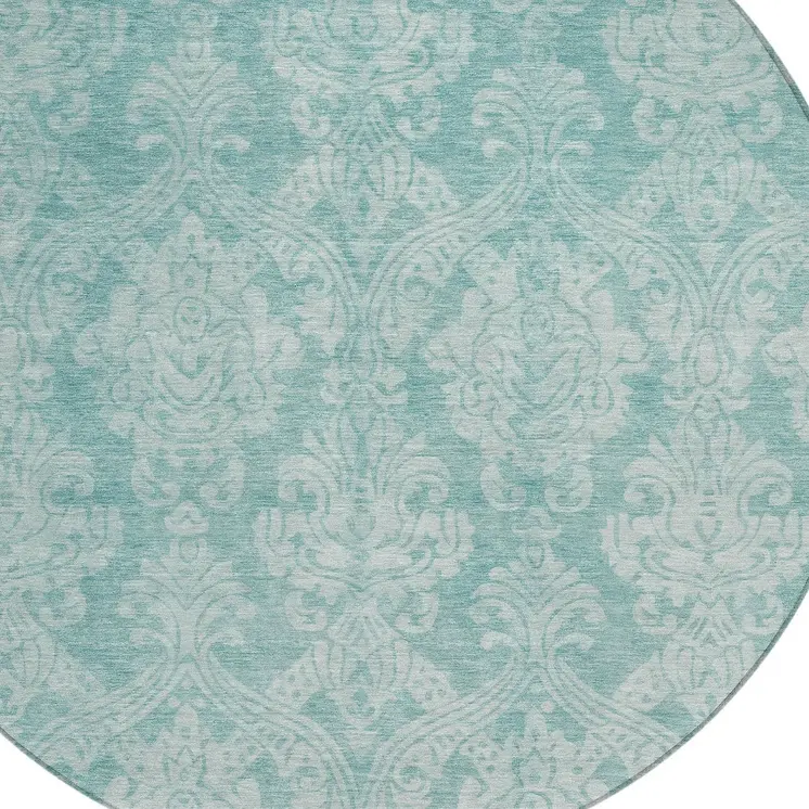8' Aqua And Ivory Round Damask Washable Indoor Outdoor Area Rug