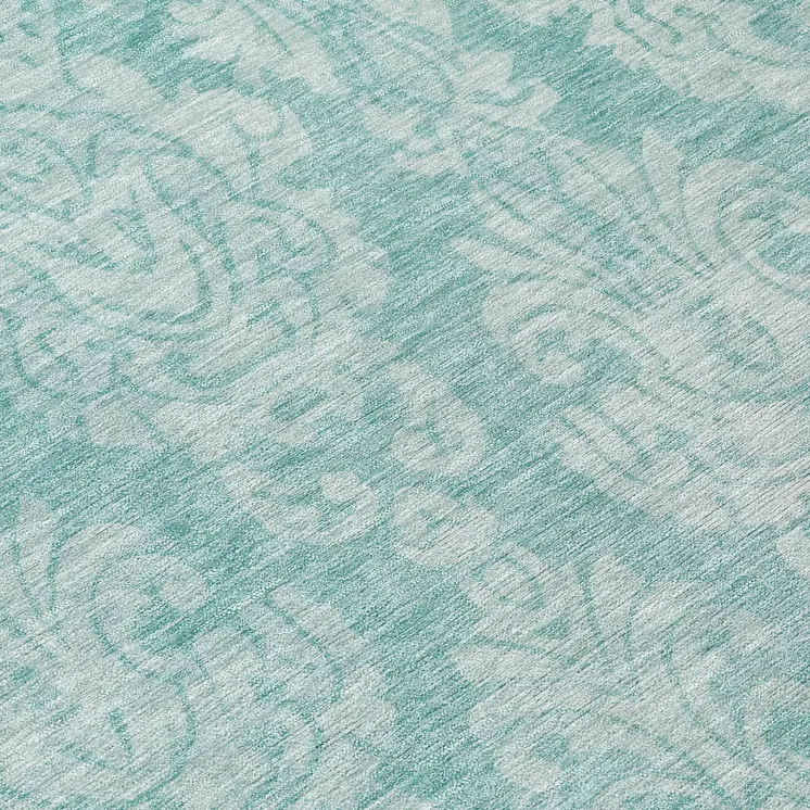 8' Aqua And Ivory Round Damask Washable Indoor Outdoor Area Rug