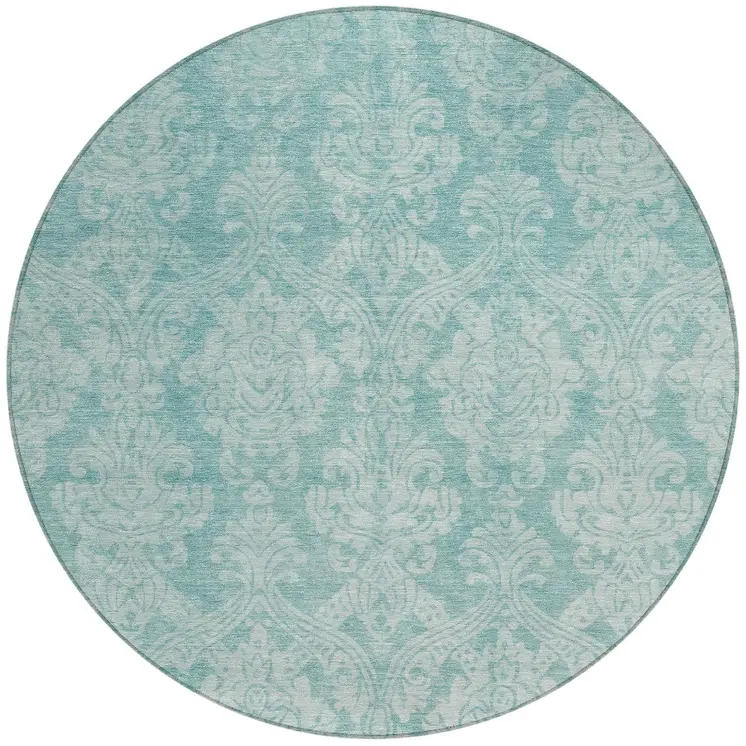 8' Aqua And Ivory Round Damask Washable Indoor Outdoor Area Rug