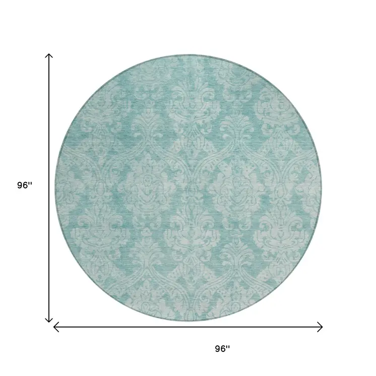 8' Aqua And Ivory Round Damask Washable Indoor Outdoor Area Rug