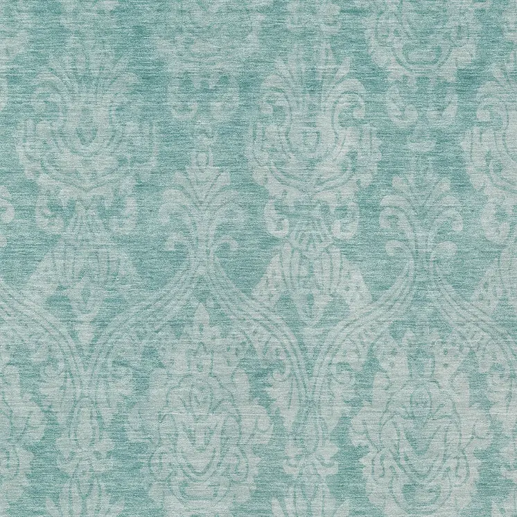 8' X 10' Aqua And Ivory Damask Washable Indoor Outdoor Area Rug