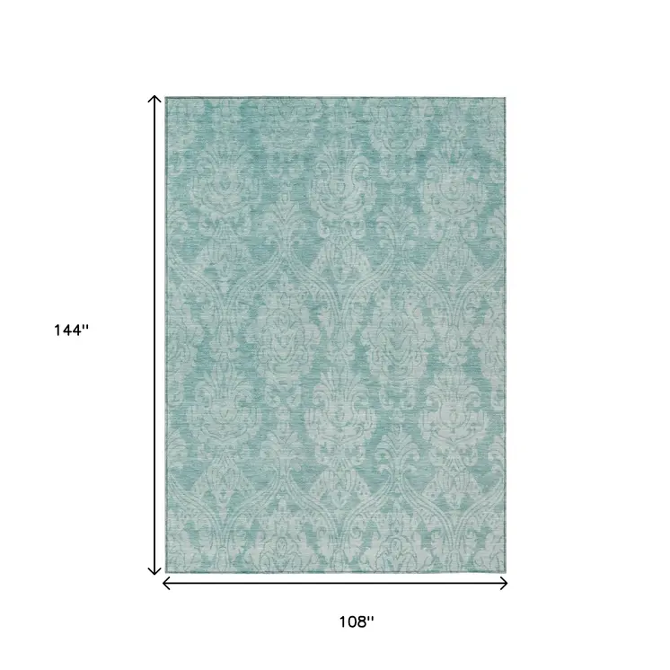 9' X 12' Aqua And Ivory Damask Washable Indoor Outdoor Area Rug