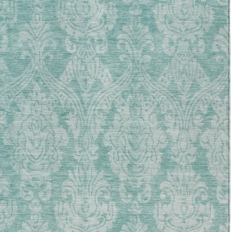 9' X 12' Aqua And Ivory Damask Washable Indoor Outdoor Area Rug