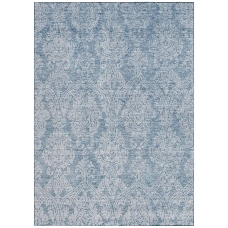 3' X 5' Blue And Ivory Damask Washable Indoor Outdoor Area Rug