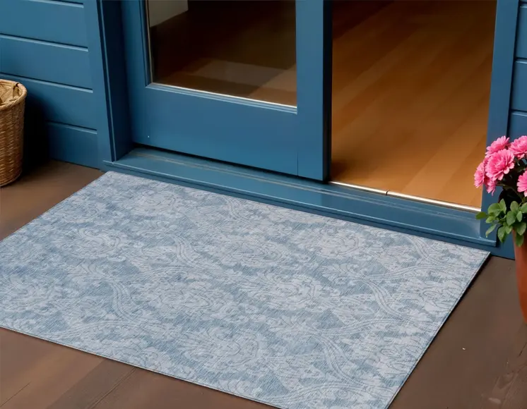 3' X 5' Blue And Ivory Damask Washable Indoor Outdoor Area Rug