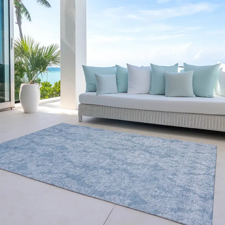 3' X 5' Blue And Ivory Damask Washable Indoor Outdoor Area Rug