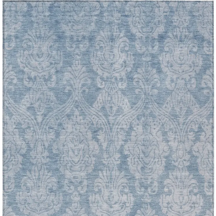 3' X 5' Blue And Ivory Damask Washable Indoor Outdoor Area Rug