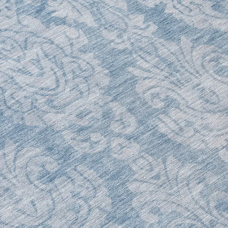 8' Blue And Ivory Round Damask Washable Indoor Outdoor Area Rug