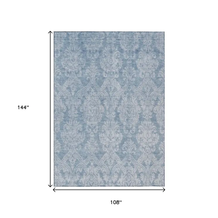 9' X 12' Blue And Ivory Damask Washable Indoor Outdoor Area Rug