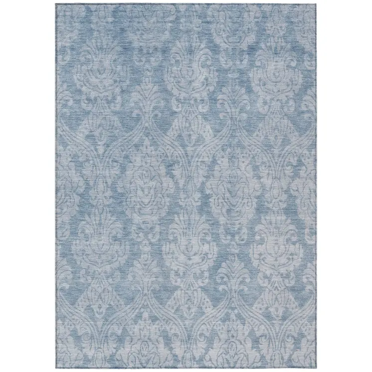 9' X 12' Blue And Ivory Damask Washable Indoor Outdoor Area Rug